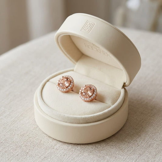 Morganite Round Brilliant Stud Earrings in 14K Rose Gold, in navy velvet jewelry box