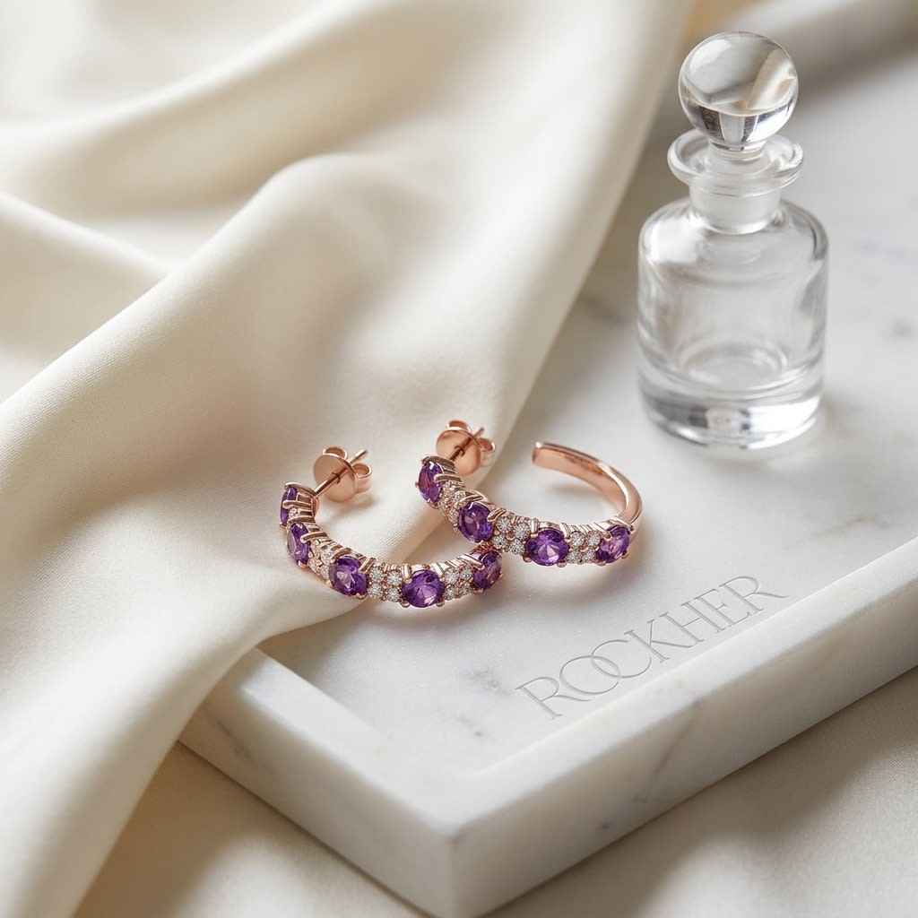 Amethyst Hoop Earrings | 14K RG | RockHer
