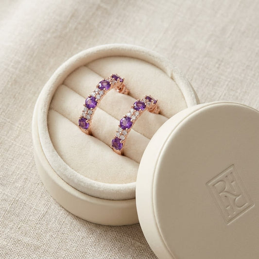 Amethyst And Diamond Alternating Prong-set 2-row Half Hoop Earring in 14K Rose Gold, in navy velvet jewelry box