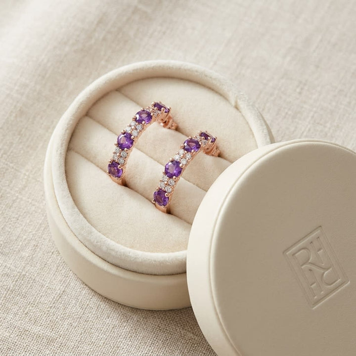 Amethyst And Diamond Alternating Prong-set 2-row Half Hoop Earring in 14K Rose Gold, in navy velvet jewelry box