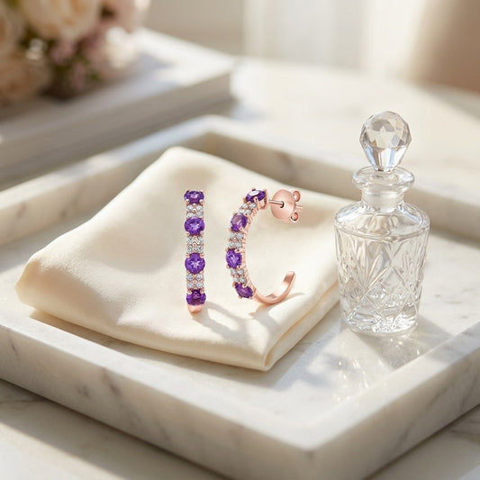 Amethyst & Alternating Diamond J Hoop Earrings in 14K Rose Gold - editorial