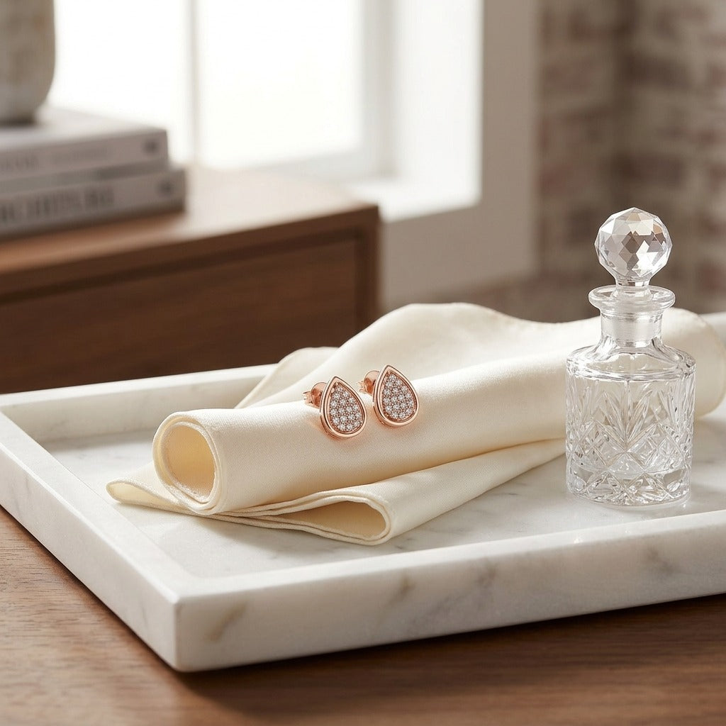 Diamond Pave Teardrop Cluster Earrings with High Polish Border in 14K Rose Gold - editorial