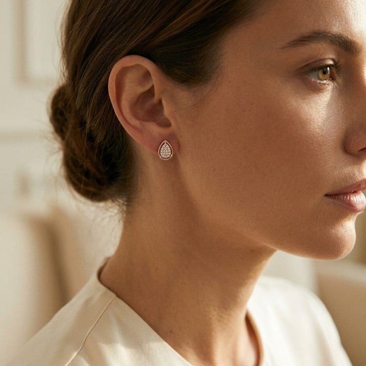 Diamond Pave Teardrop Cluster Earrings with High Polish Border in 14K Rose Gold - lifestyle