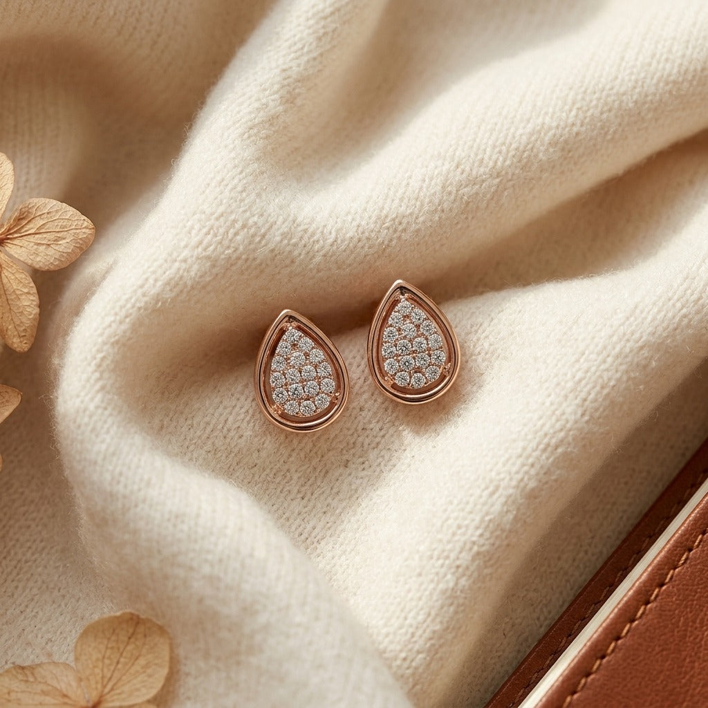 Diamond Pave Teardrop Cluster Earrings with High Polish Border in 14K Rose Gold - flat lay