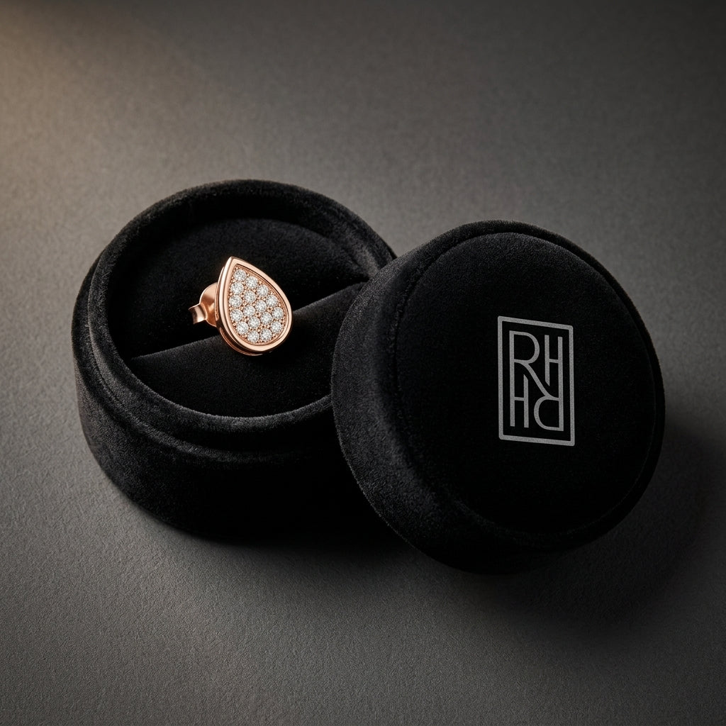 Diamond Pave Teardrop Cluster Earrings with High Polish Border in 14K Rose Gold - presentation