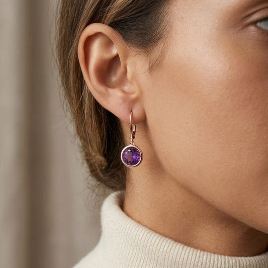 Amethyst Round Bezel Drop Earrings with Leverbacks in 14K Rose Gold - editorial