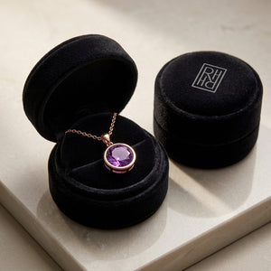 Amethyst Round Bezel Drop Earrings with Leverbacks in 14K Rose Gold - presentation