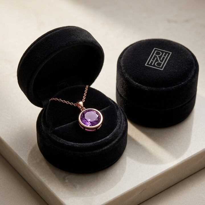 Amethyst Round Bezel Drop Earrings with Leverbacks in 14K Rose Gold - presentation