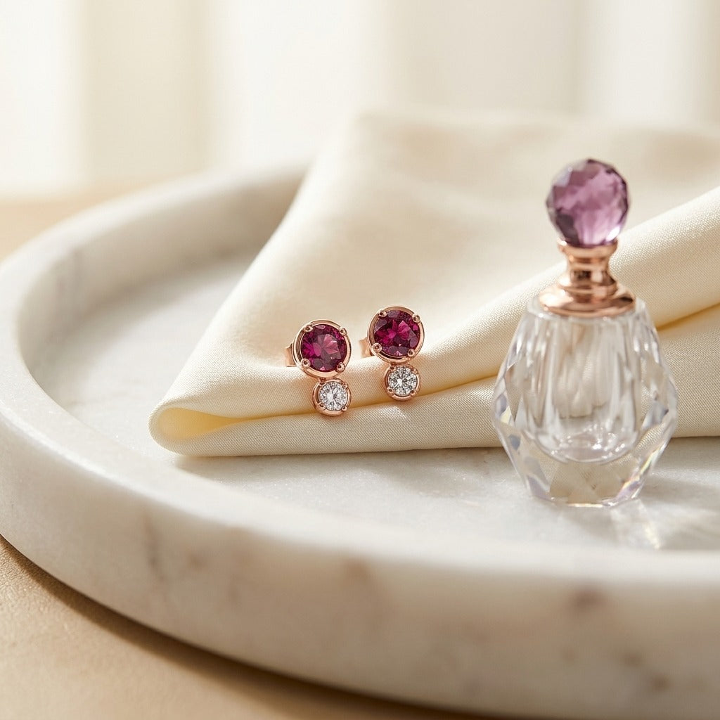 Rhodolite Garnet & Diamond Round Duo Earrings in 14K Rose Gold - editorial