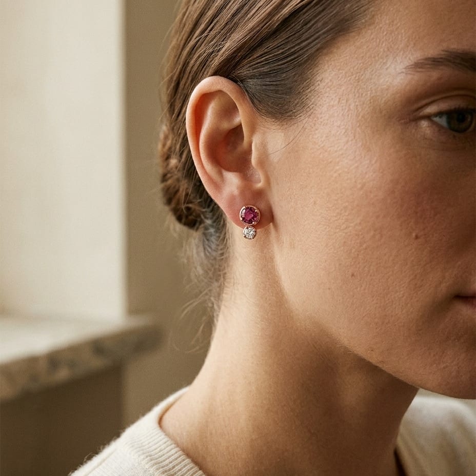 Rhodolite Garnet & Diamond Round Duo Earrings in 14K Rose Gold - lifestyle