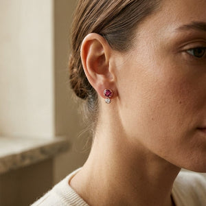 Rhodolite Garnet & Diamond Round Duo Earrings in 14K Rose Gold - lifestyle