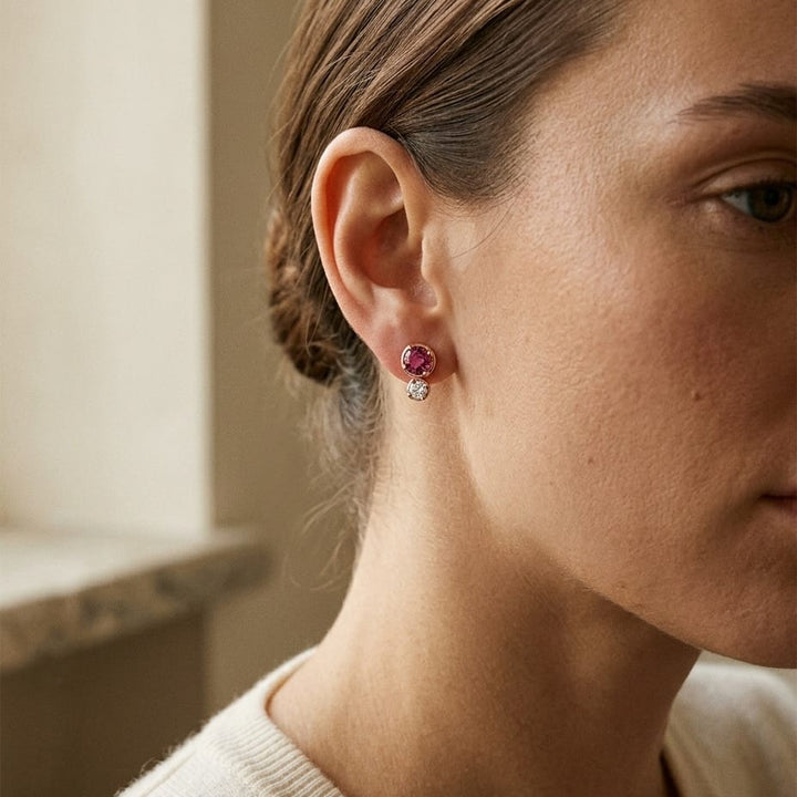 Rhodolite Garnet & Diamond Round Duo Earrings in 14K Rose Gold - lifestyle