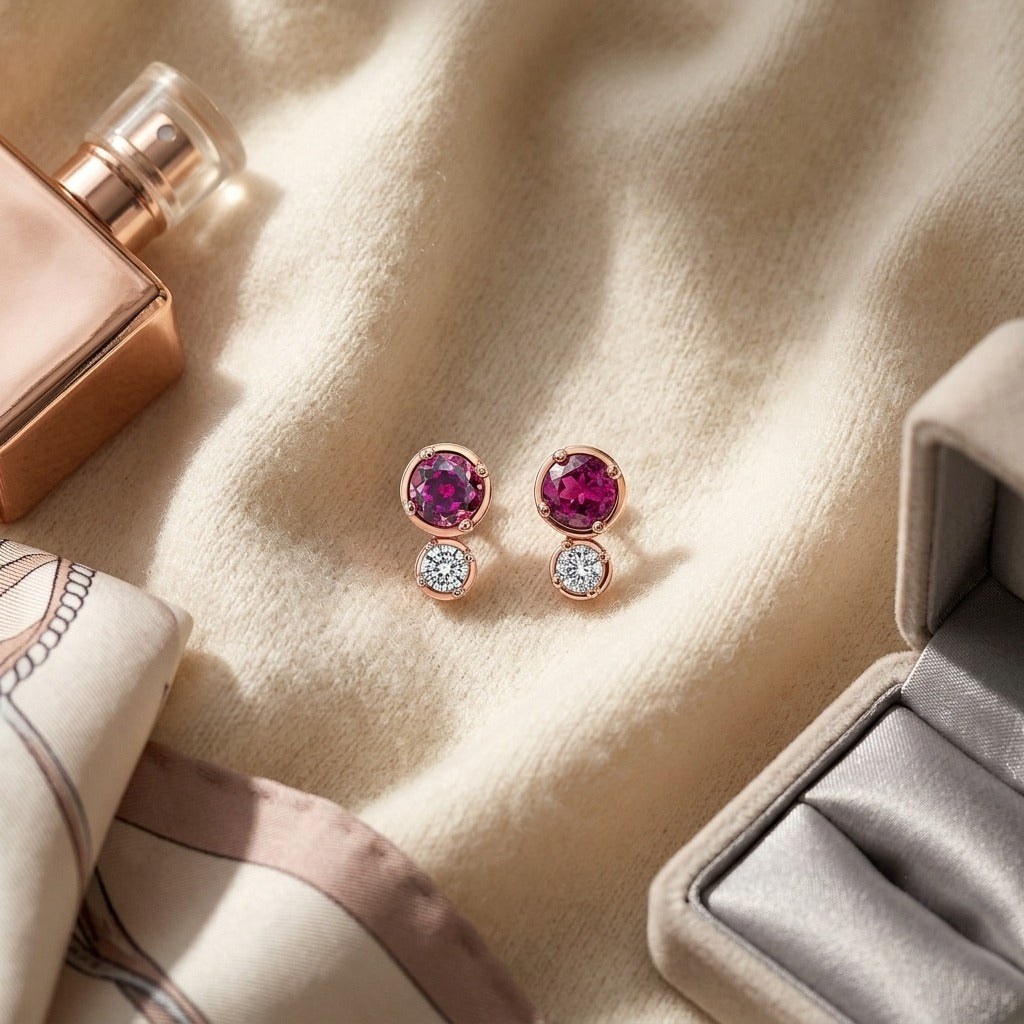 Rhodolite Garnet & Diamond Round Duo Earrings in 14K Rose Gold - flat lay