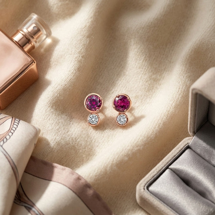 Rhodolite Garnet & Diamond Round Duo Earrings in 14K Rose Gold - flat lay