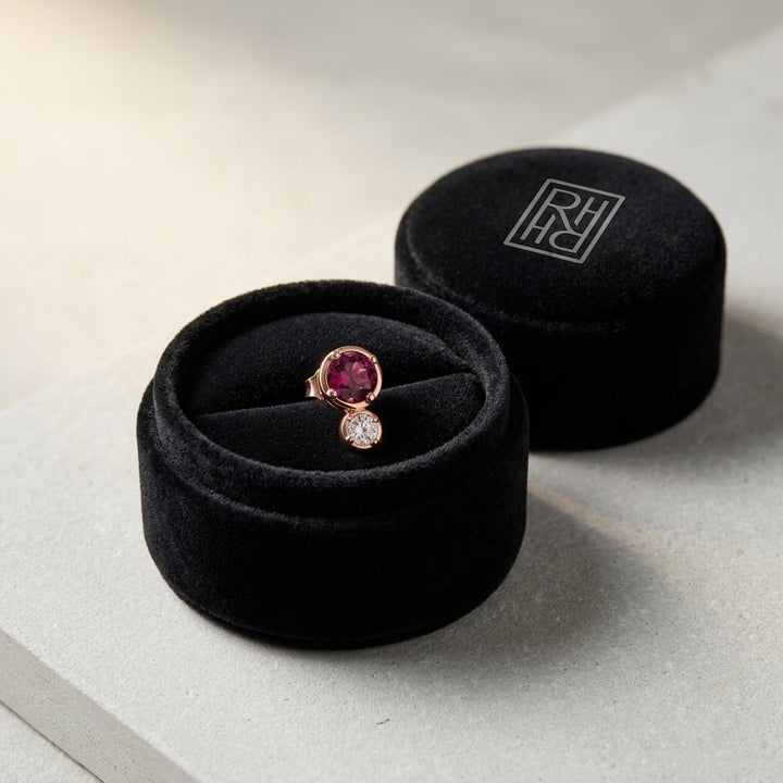 Rhodolite Garnet & Diamond Round Duo Earrings in 14K Rose Gold - presentation