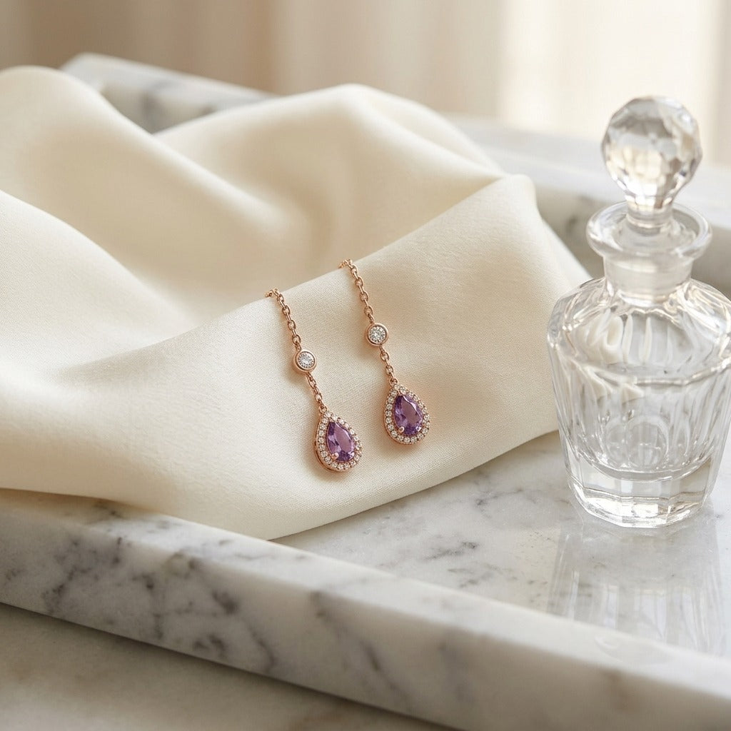 Amethyst & Diamond Teardrop Halo & Round Bezel Station Necklace 16-18 Inch Adj Chain in 14K Rose Gold - editorial