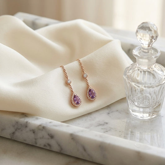 Amethyst & Diamond Teardrop Halo & Round Bezel Station Necklace 16-18 Inch Adj Chain in 14K Rose Gold - editorial