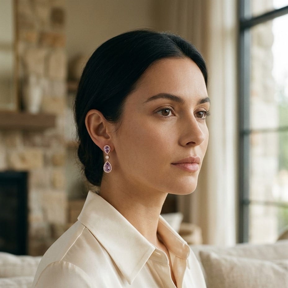 Amethyst & Diamond Teardrop Halo & Round Bezel Station Necklace 16-18 Inch Adj Chain in 14K Rose Gold - lifestyle