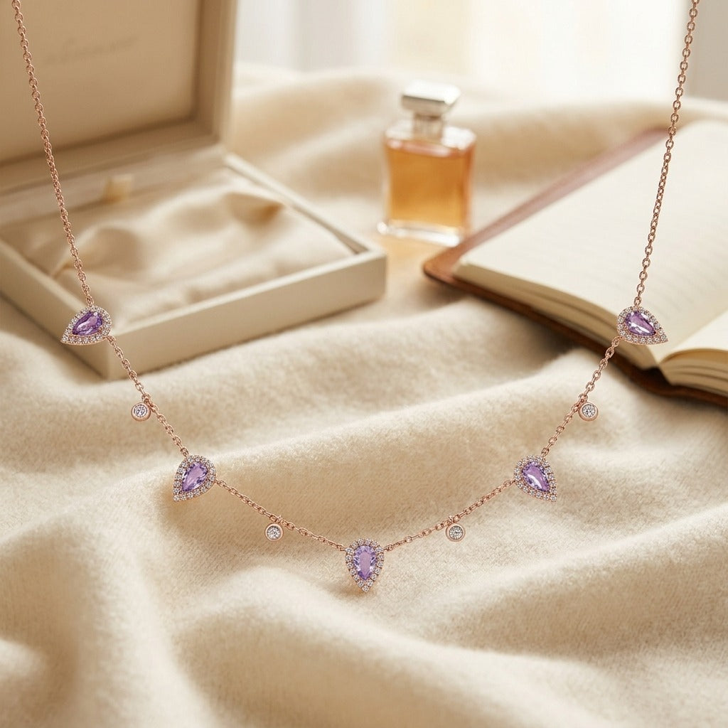 Amethyst & Diamond Teardrop Halo & Round Bezel Station Necklace 16-18 Inch Adj Chain in 14K Rose Gold - flat lay