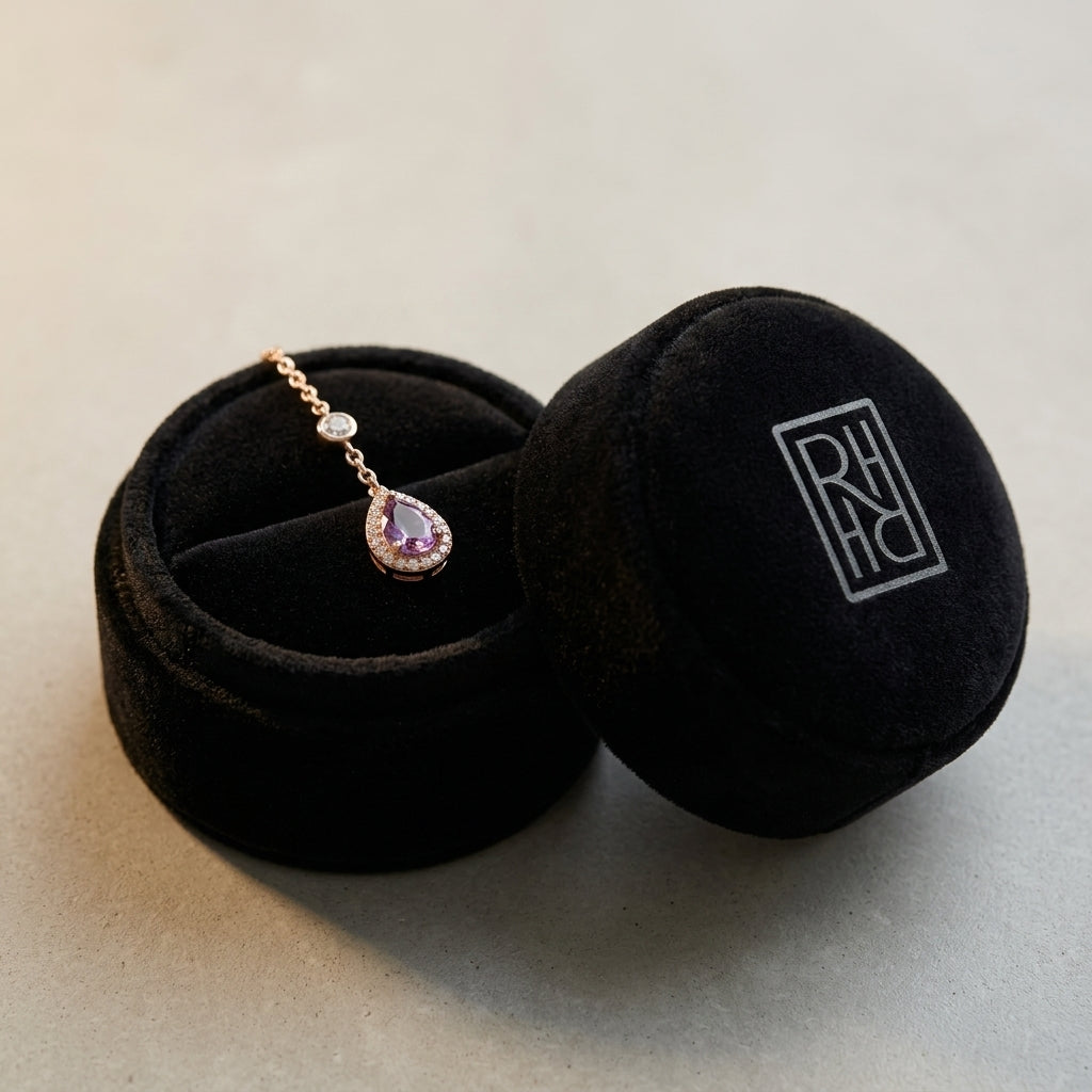 Amethyst & Diamond Teardrop Halo & Round Bezel Station Necklace 16-18 Inch Adj Chain in 14K Rose Gold - presentation