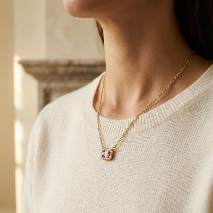 Sapphire & 1/16ctw Diamond Necklace 18in Chain in 14K Rose Gold - lifestyle
