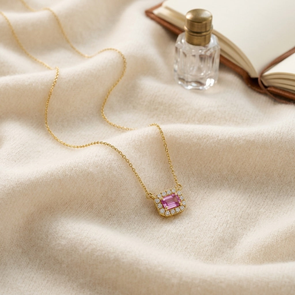 Sapphire & 1/16ctw Diamond Necklace 18in Chain in 14K Rose Gold - flat lay