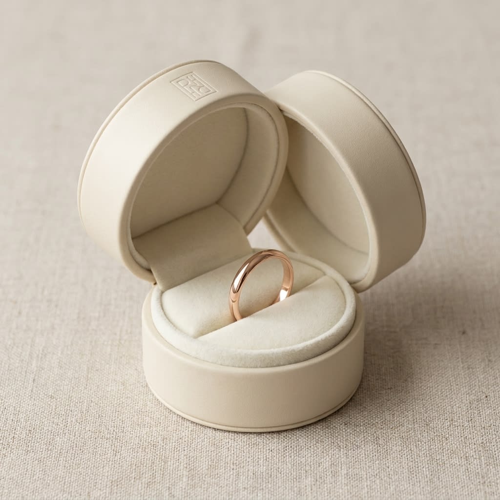 2mm Slightly Domed Traditional Oval Wedding Band in 14K Rose Gold, in navy velvet jewelry box