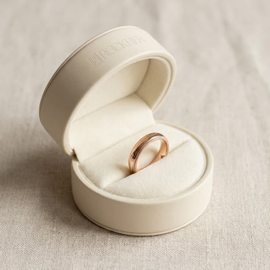 4mm Slightly Domed Traditional Oval Milgrain Wedding Band in 14K Rose Gold, in navy velvet jewelry box