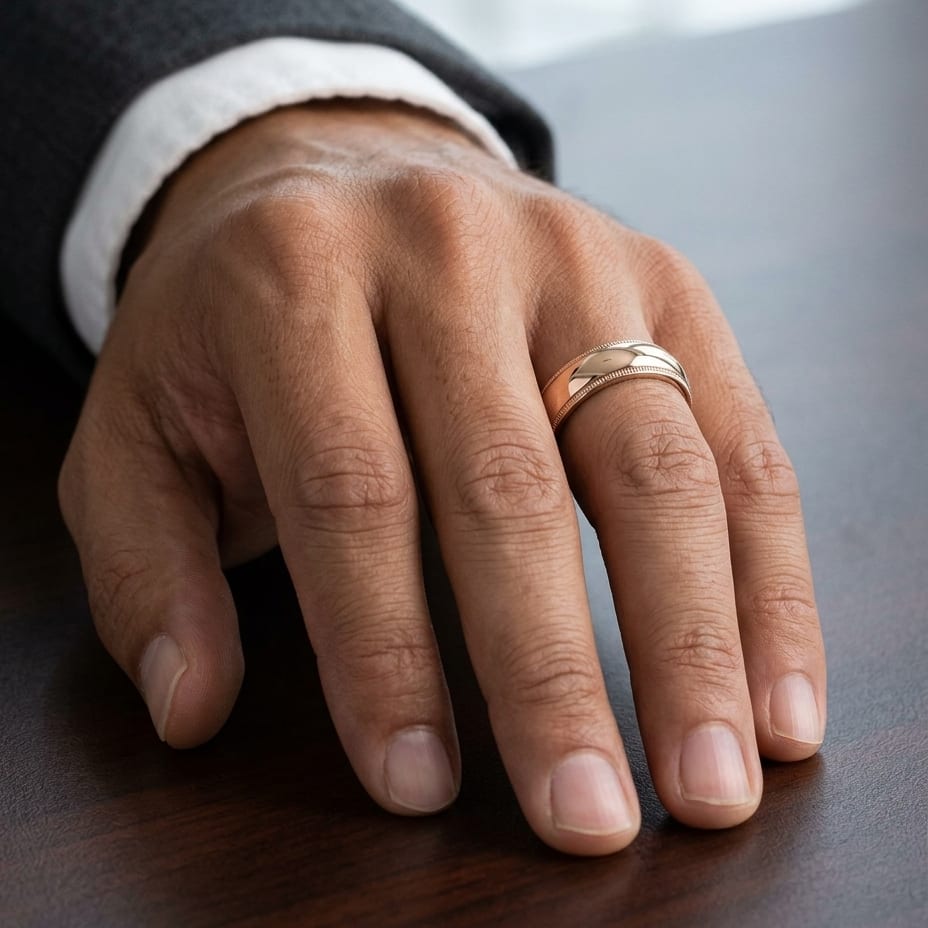 5mm Slightly Domed Traditional Oval Milgrain Wedding Band in 14K Rose Gold, worn on hand, masculine close-up