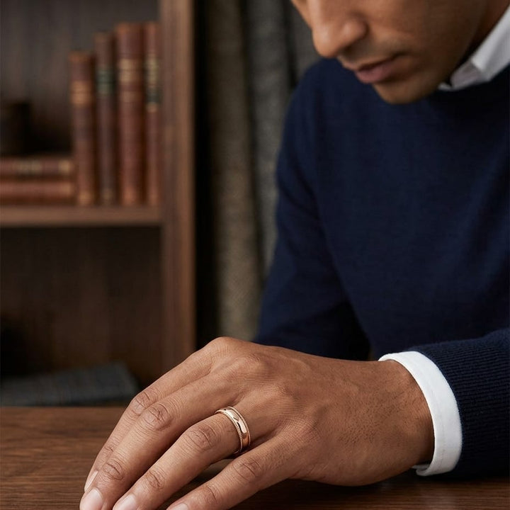 5mm Slightly Domed Traditional Oval Milgrain Wedding Band in 14K Rose Gold, worn on hand, masculine full view