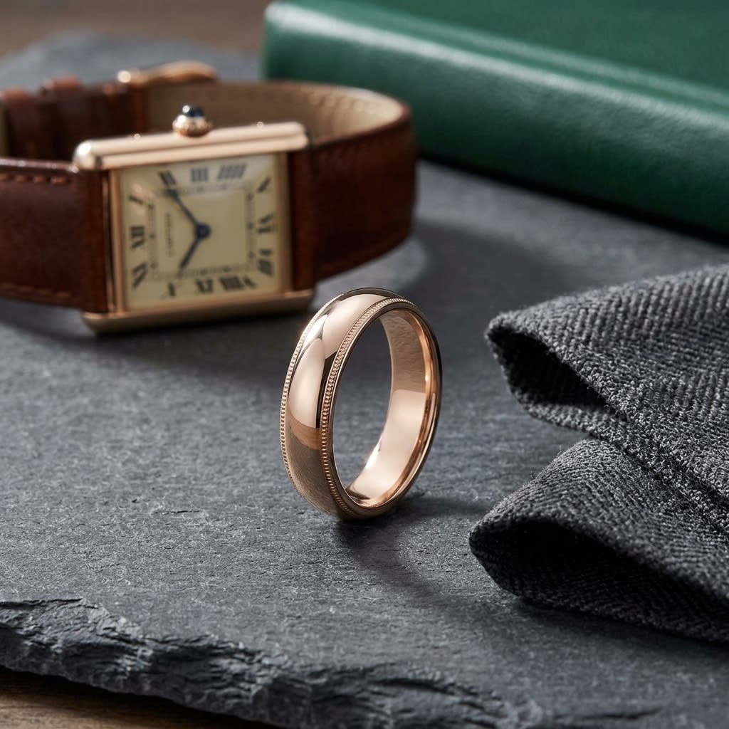 5mm Slightly Domed Traditional Oval Milgrain Wedding Band in 14K Rose Gold, on walnut surface with pocket square