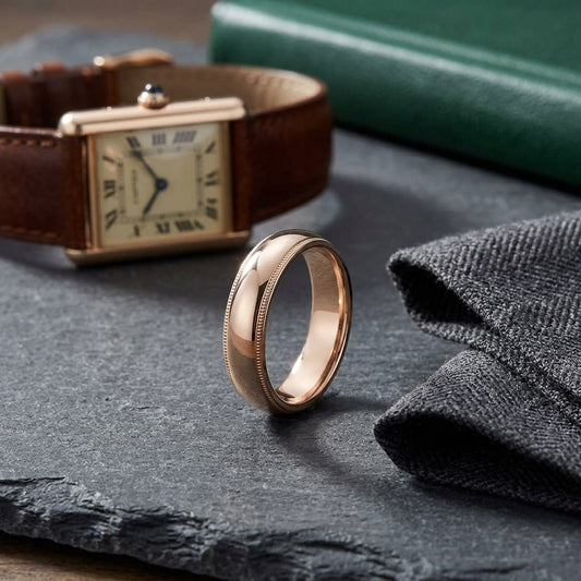 5mm Slightly Domed Traditional Oval Milgrain Wedding Band in 14K Rose Gold, on walnut surface with pocket square
