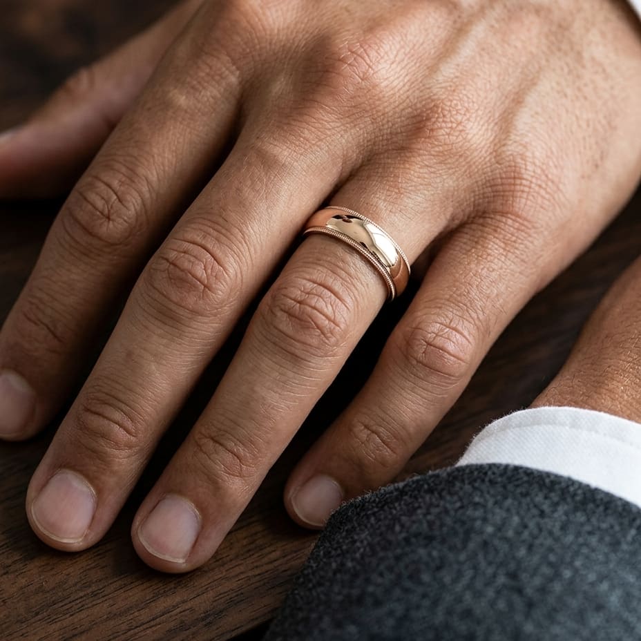 6mm Slightly Domed Traditional Oval Milgrain Wedding Band in 14K Rose Gold, worn on hand, masculine close-up