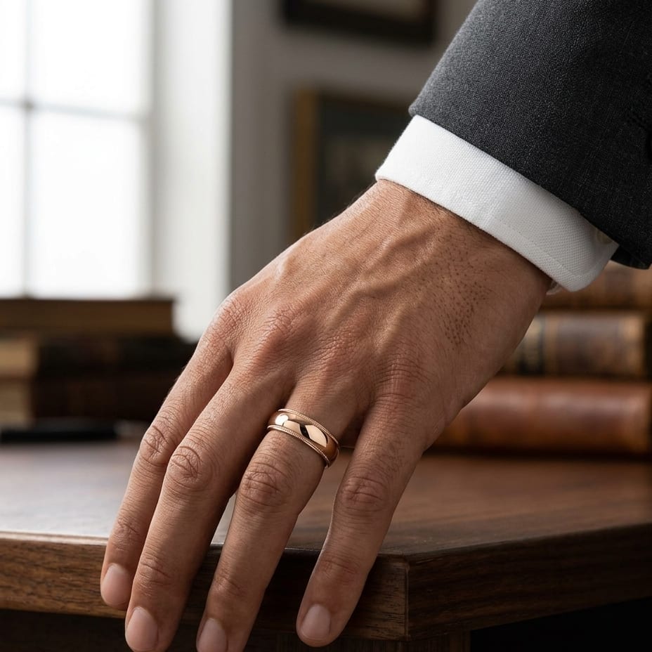 6mm Slightly Domed Traditional Oval Milgrain Wedding Band in 14K Rose Gold, worn on hand, masculine full view