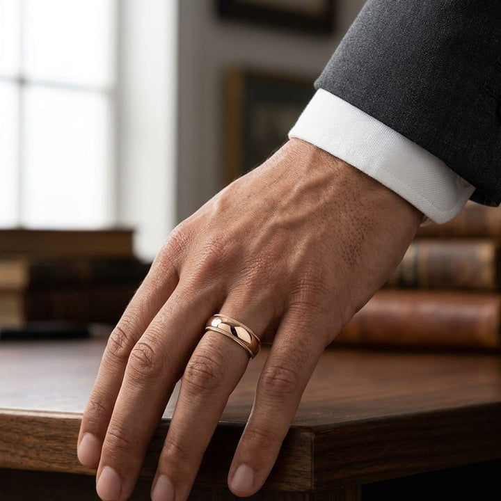 6mm Slightly Domed Traditional Oval Milgrain Wedding Band in 14K Rose Gold, worn on hand, masculine full view