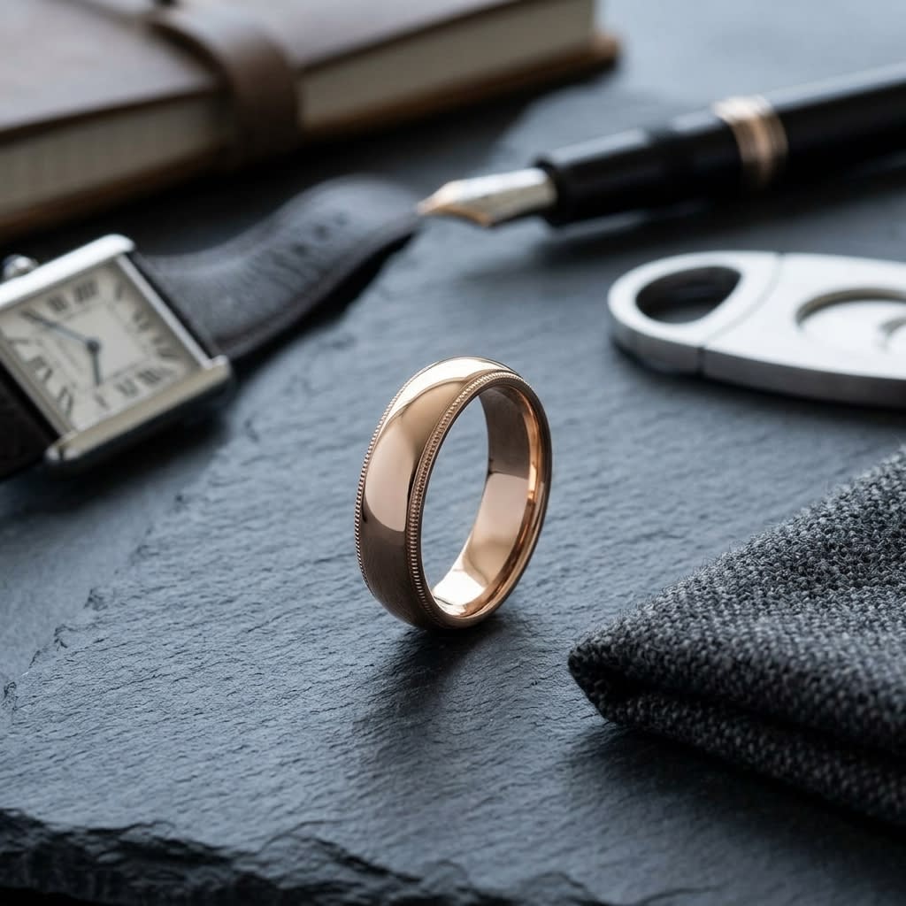 6mm Slightly Domed Traditional Oval Milgrain Wedding Band in 14K Rose Gold, on walnut surface with pocket square