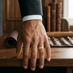 6mm Flat Comfort-Fit Wedding Band in 14K Rose Gold, worn on hand, masculine full view