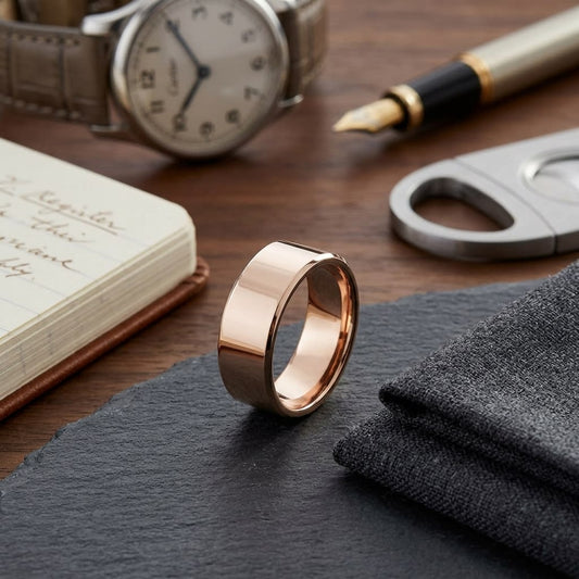 8mm Flat Comfort-Fit Wedding Band in 14K Rose Gold, on walnut surface with pocket square