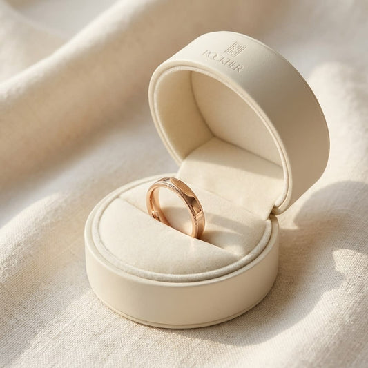 4mm Flat Milgrain Comfort-Fit Wedding Band in 14K Rose Gold, in navy velvet jewelry box