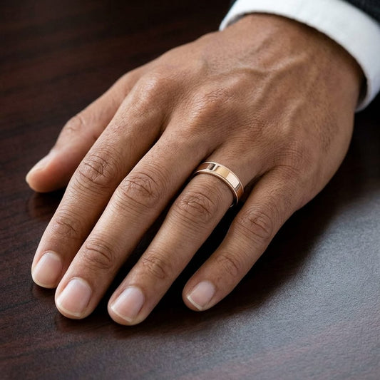 6mm Flat Milgrain Comfort-Fit Wedding Band in 14K Rose Gold, worn on hand, masculine close-up