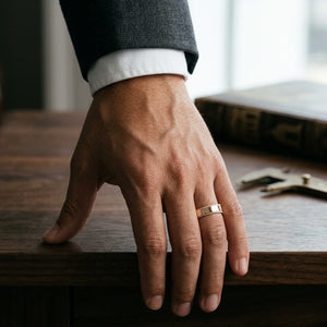 6mm Flat Milgrain Comfort-Fit Wedding Band in 14K Rose Gold, worn on hand, masculine full view