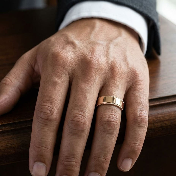 8mm Flat Milgrain Comfort-Fit Wedding Band in 14K Rose Gold, worn on hand, masculine close-up