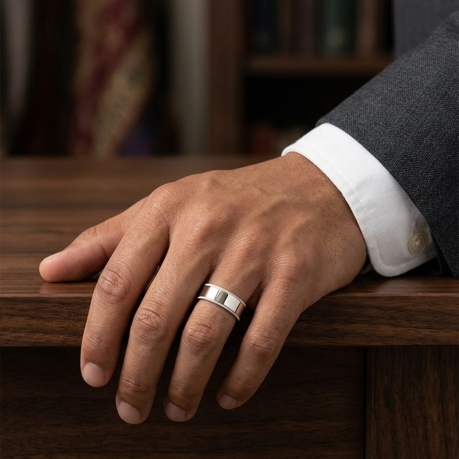 8mm Flat Milgrain Comfort-Fit Wedding Band in 14K Rose Gold, worn on hand, masculine full view