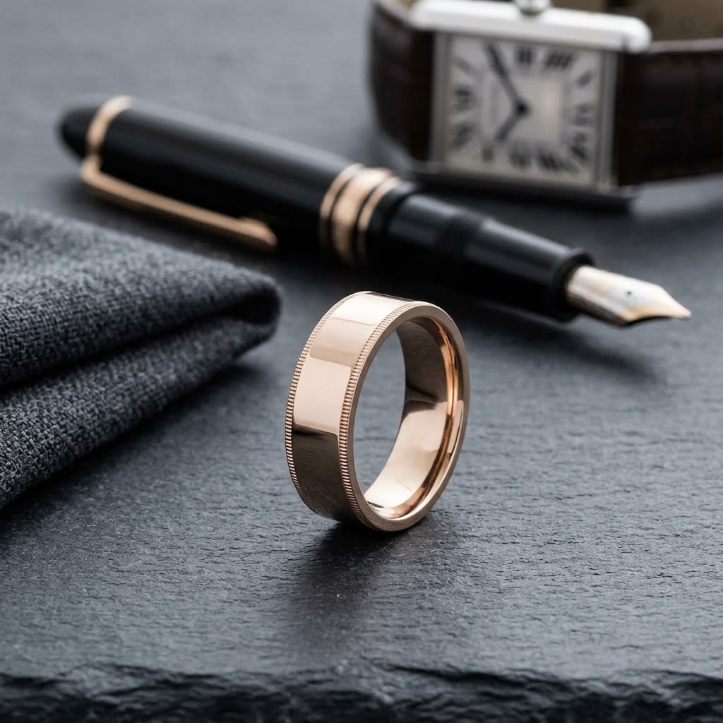 8mm Flat Milgrain Comfort-Fit Wedding Band in 14K Rose Gold, on walnut surface with pocket square