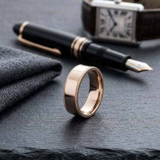 8mm Flat Milgrain Comfort-Fit Wedding Band in 14K Rose Gold, on walnut surface with pocket square