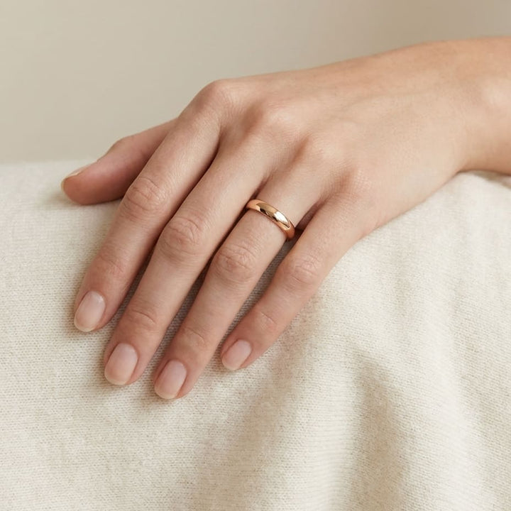 3.5mm Flat Comfort-Fit Wedding Band in 14K Rose Gold, worn on hand, full view
