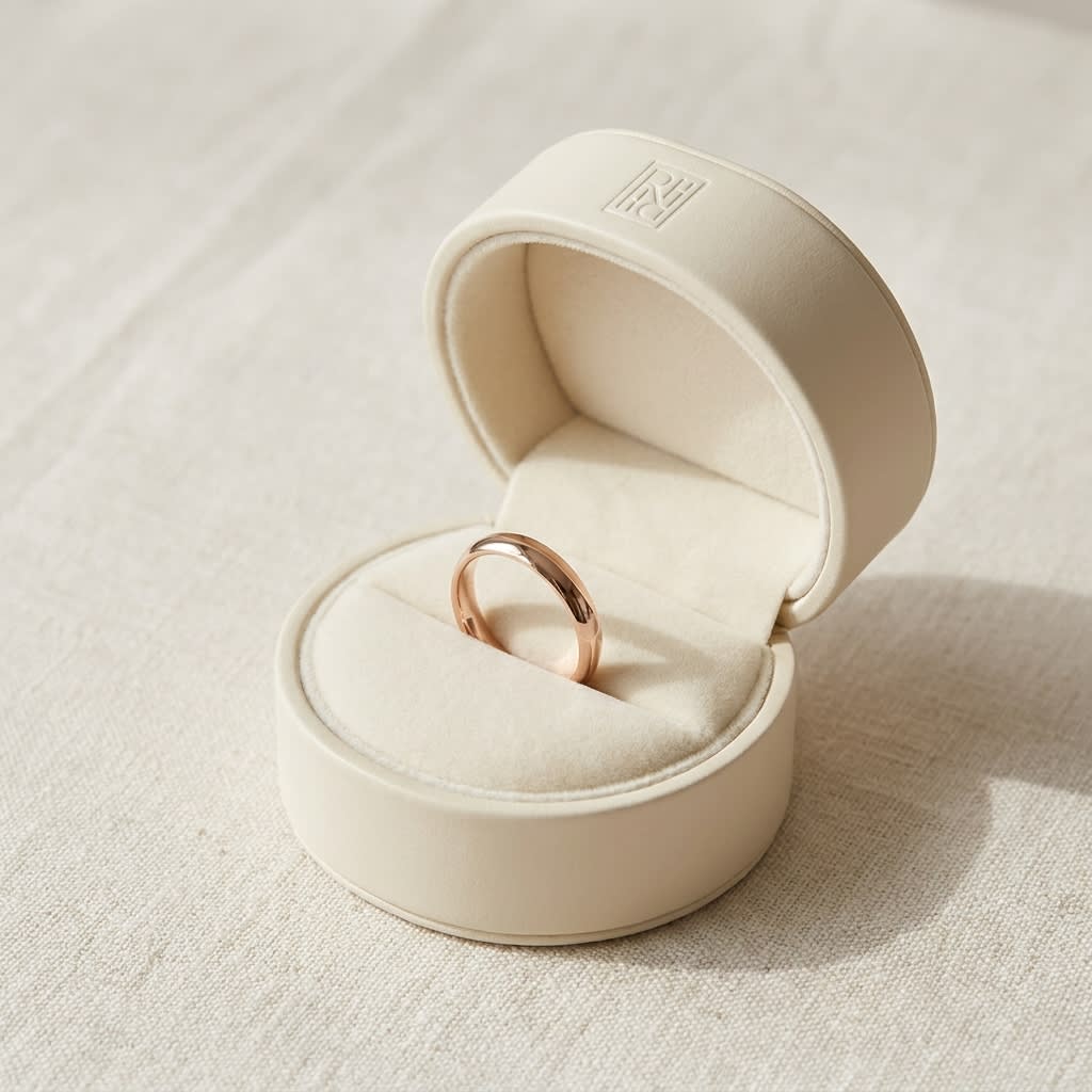 3.5mm Flat Comfort-Fit Wedding Band in 14K Rose Gold, in navy velvet jewelry box