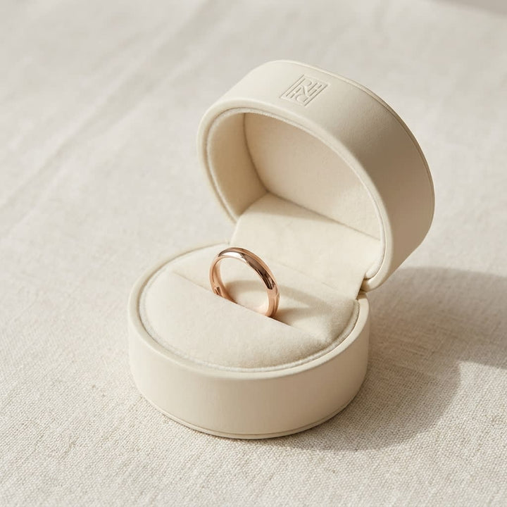 3.5mm Flat Comfort-Fit Wedding Band in 14K Rose Gold, in navy velvet jewelry box