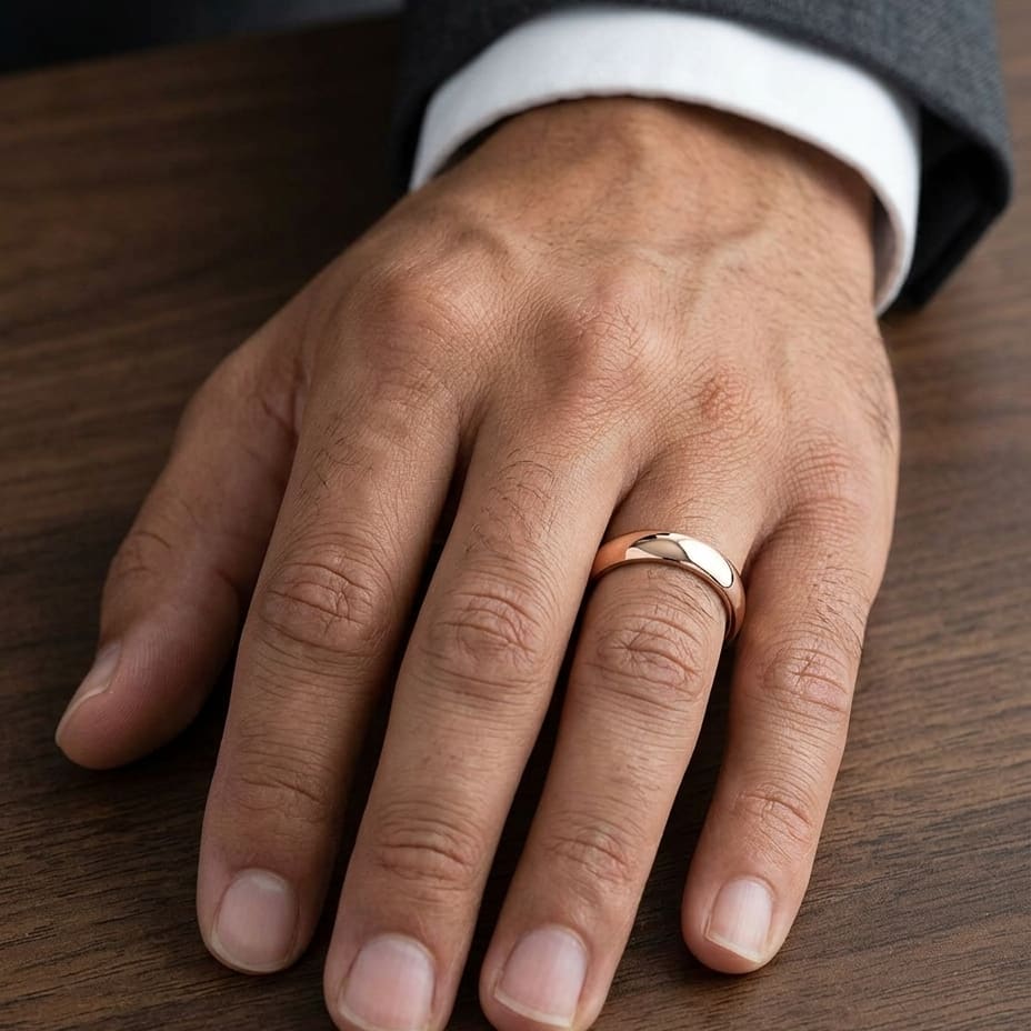 4.5mm Flat Comfort-Fit Wedding Band in 14K Rose Gold, worn on hand, masculine close-up