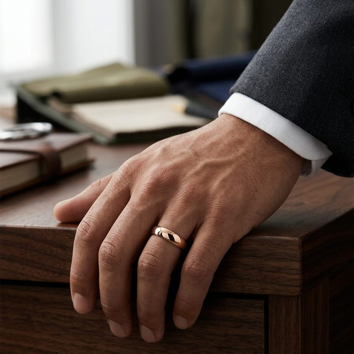 4.5mm Flat Comfort-Fit Wedding Band in 14K Rose Gold, worn on hand, masculine full view